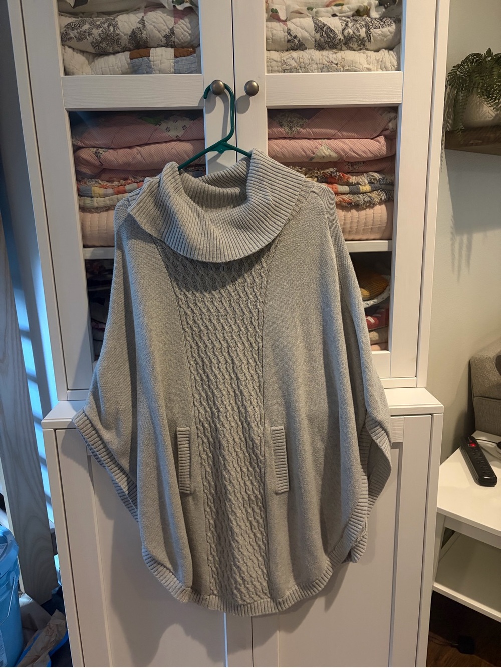CAbi Light Gray Cable-Knit Cowl Neck Poncho Sweater